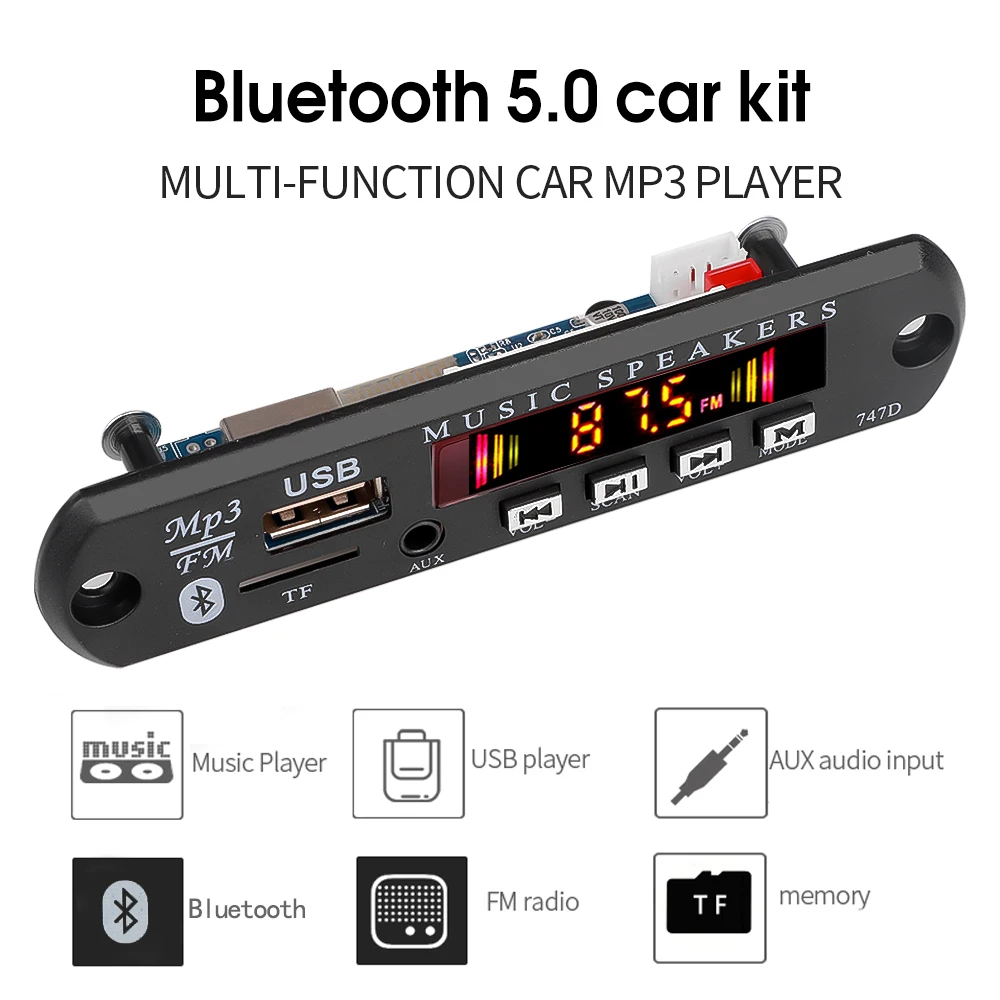 12V Bluetooth 5 0 приемник MP3 плеер декодер цветной экран FM радио TF USB AUX аудио с защитой