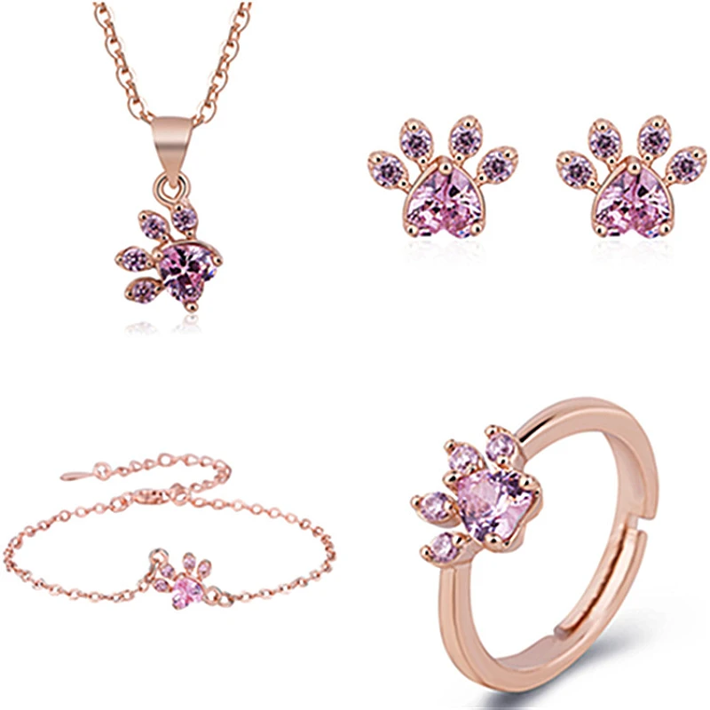 

Rhinestone Crystals Cat Paw Jewelry Sets For Women Engagement Heart Gift Charms New Ornaments Necklace Rings Earrings Bracelets