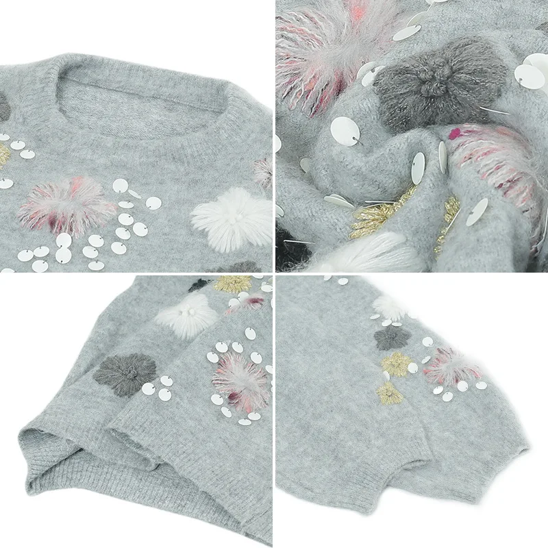 

Sequined Floral Embroidery Sweater Women Tops Spring Autumn Pullover Casual Outerwear Long Sleeve Sweaters T37024