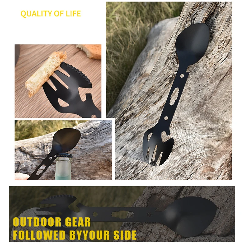

2 in 1 Multifunctional Fork Spoon Tableware Bottle Opener Camping Outdoor Hiking Stainless steel Camping Equipment Hiking Cooki