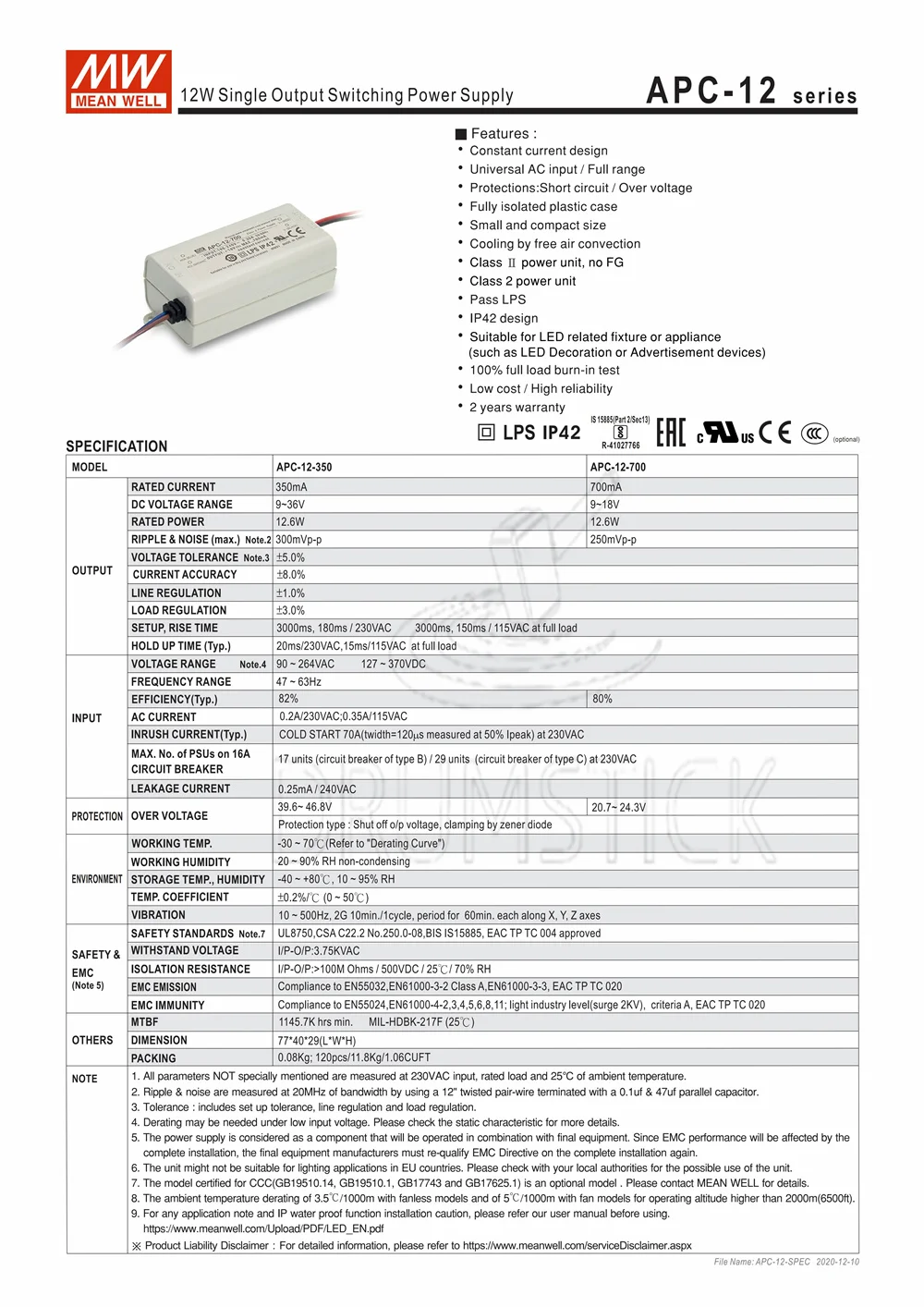 Transmit MEAN WELL Тайвань APC-12 12 Вт 350/мА недорогой Светодиодный источник питания