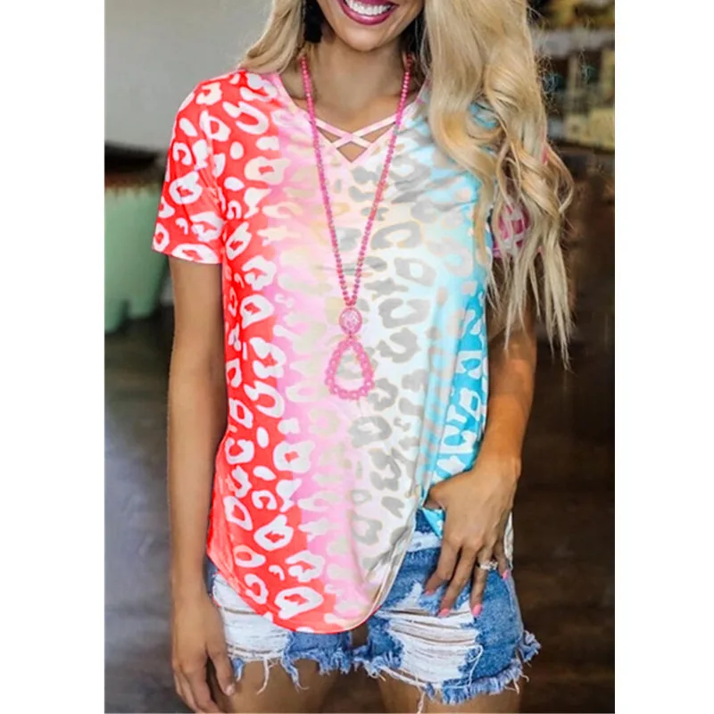 

Summer 2020 Women's Rainbow Gradient V-neck Short Sleeve T-shirt for Women