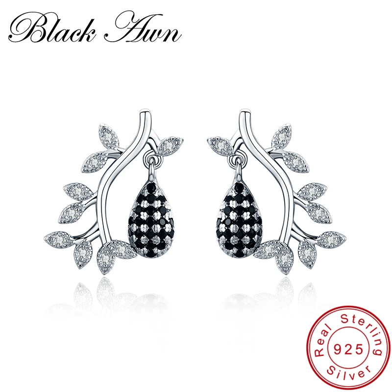 

BLACK AWN 2020 New Trendy 925 Sterling Silver Jewelry Black Spinel Engagement Stud Earrings for Women Flower Bijoux I012