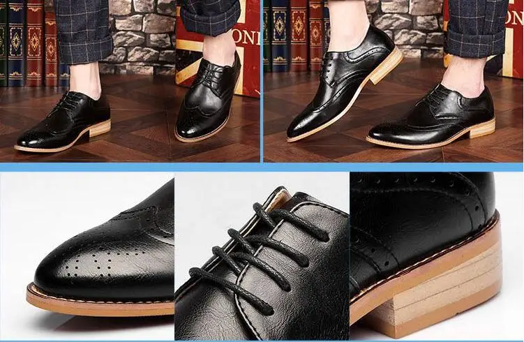 Brand Brogue Brown Red Black Men Business Dress Shoes Pointed Toe Men Wedding Shoes Leather Formal Shoes casual flats LE-23