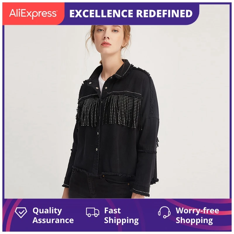 

Женская джинсовая куртка с бахромой и бусинами, винтажная куртка оверсайз с длинным рукавом и потертым подолом, женская верхняя одежда, шик...