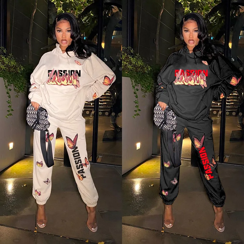 

Lugentolo спортивный костюм из двух предметов для женщин с принтом в виде надписи пламени бабочки Повседневная Весенняя мода костюмы с капюшоно...