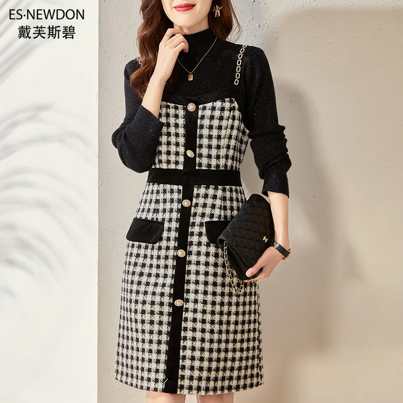 

Esnewdon Black Vintage Chain Half High Collar Plaid Pullover Knee-length A-line 2 Piece Sets Womens Outfits