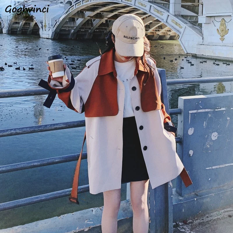 

Trench Women Patchwork Autumn Turn Down Collar A-line Design All Match College Korean Style Female Popular Casual Stylish Ins
