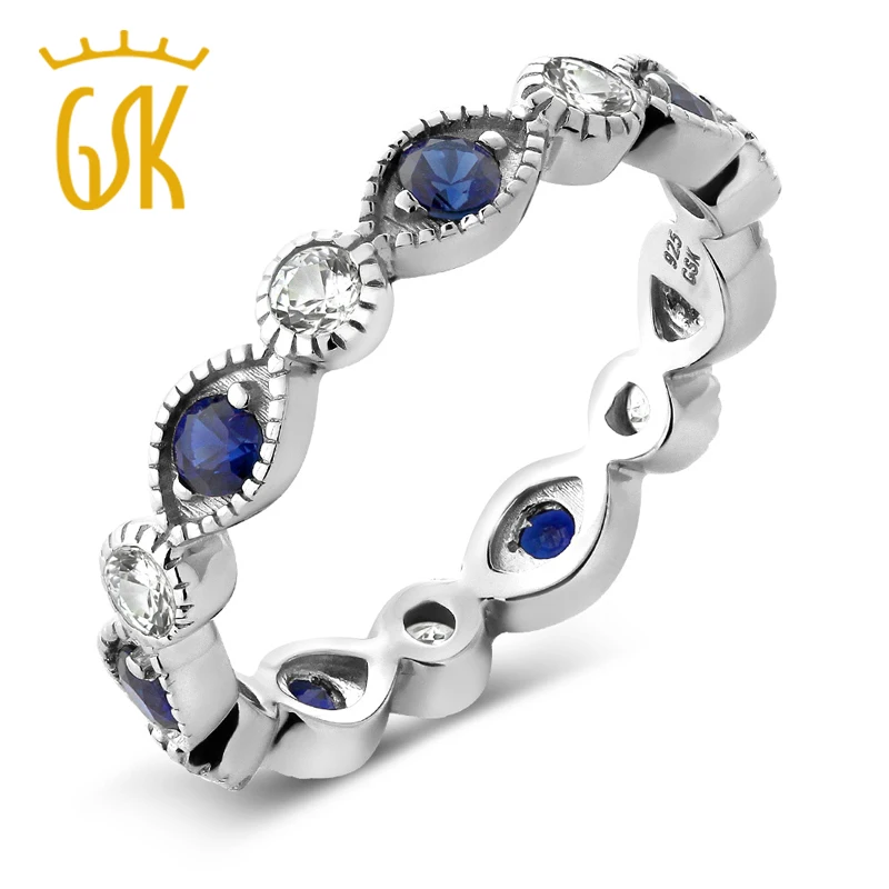 GemStoneKing 925 пробы Серебряное женское кольцо 0,70 карат белый и синий имитация сапфира кольцо вечности