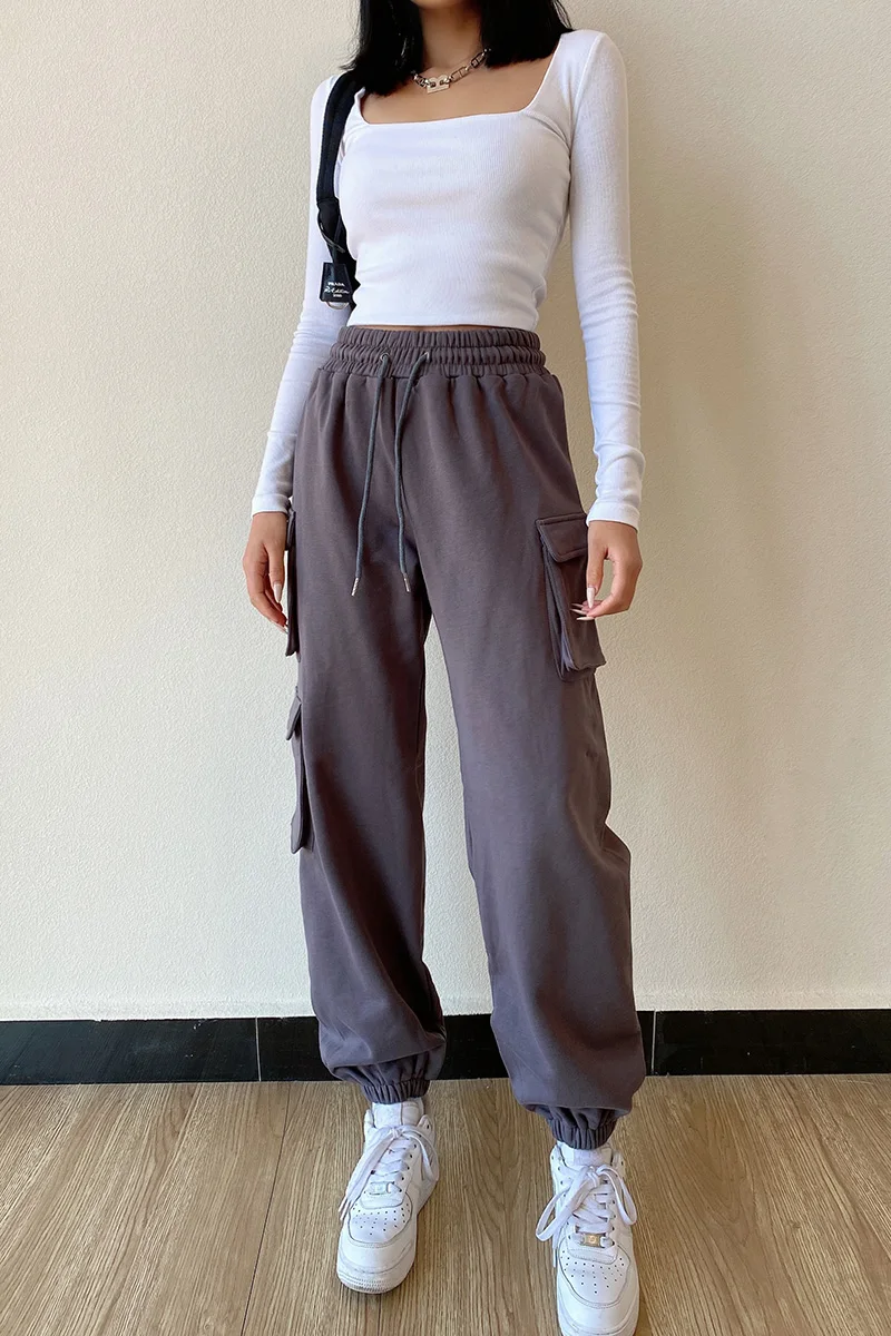 

[DEAT] High Elastic Waist White Multi-pocket Cargo PantsTrousers New Loose Fit Pants Women Fashion Tide Spring Autumn 2021 GX55