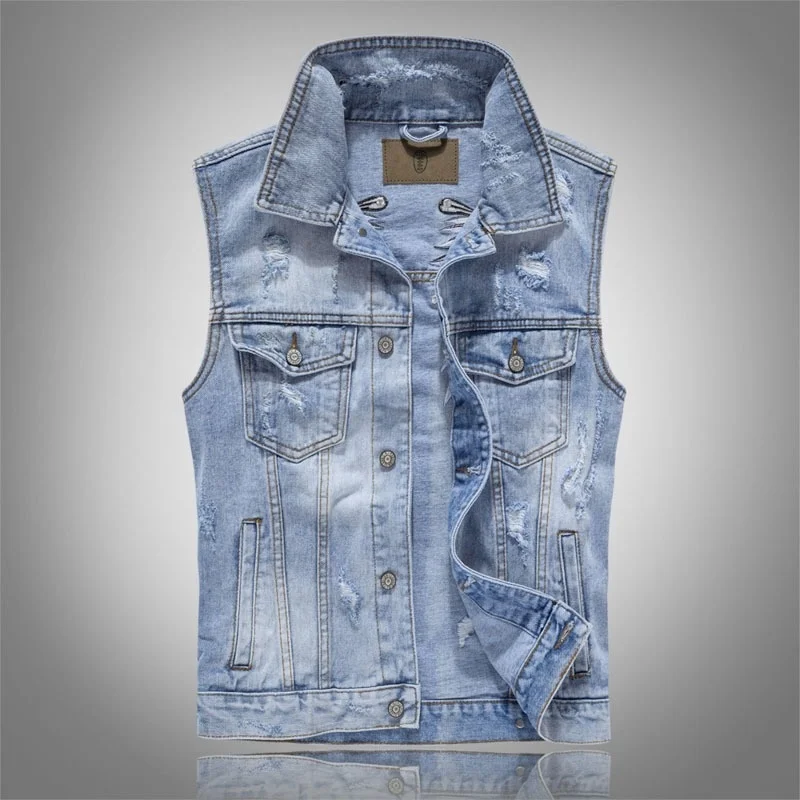 

2021 Men Ripped Denim Cardigans With Wings Embroidery Hi Street Troubled Denim Sleeveless Jacket Vest Plus Size M-5XL