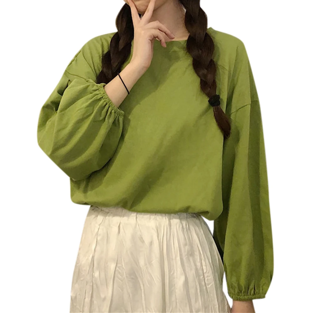 

Korean style long sleeve T-shirt womens Online Candy Color Lantern Sleeve Girl Loose Plain Oversized Autumn