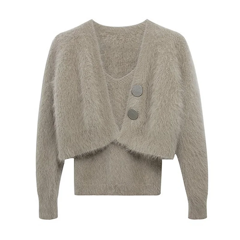 

Mohair Fashion 2 Pieces Women Sweater Cardigan Sets Long-Sleeved Short Empire Solid Elegant Office Lady Outwear Coats Tops