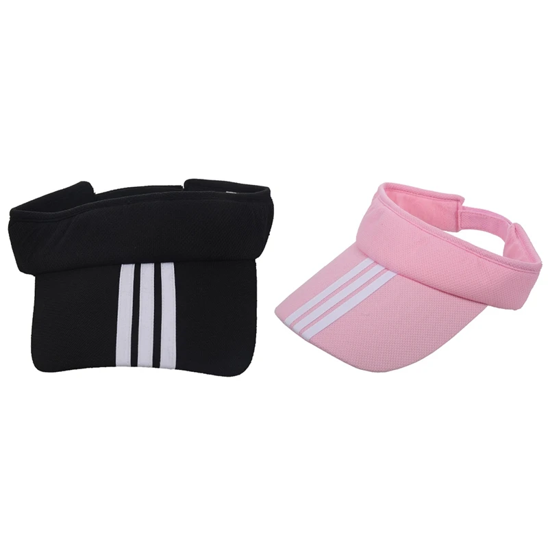 

2 Pcs Sports Tennis Golf Sun Visor Hat Hats Adjustable Plain Bright Color Men Women, Black & Pink