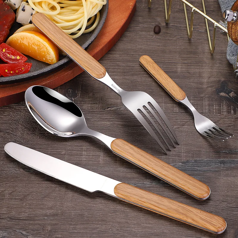 Japanese style 304 stainless steel knife fork spoon tableware set wood handle retro spoon knife 4 piece tableware set