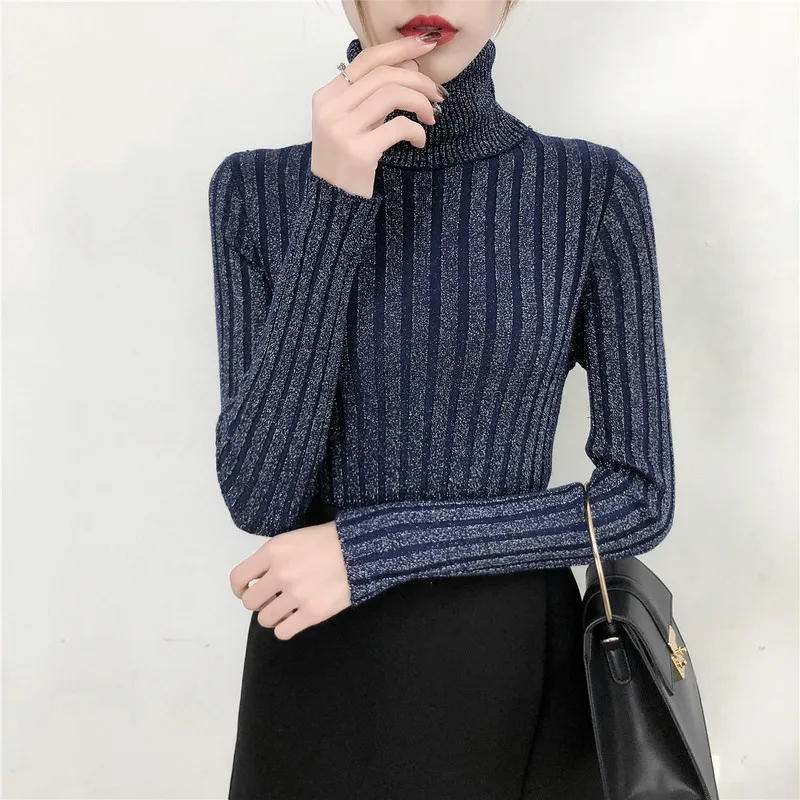 Shiny Lurex Autumn Winter Women Sweater Casual Long Sleeve Turtleneck Slim Pullover 2019 Korean Style Knitted Tops | Женская одежда