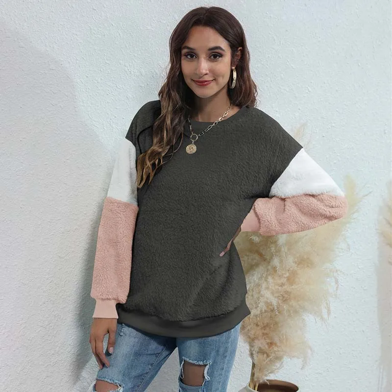 

Oversized Patchwork Color Pullover Fleece Sweatshirt Women's Long Sleeve O-neck Casual Streetwear Fashion Tops Sudadera Mujer