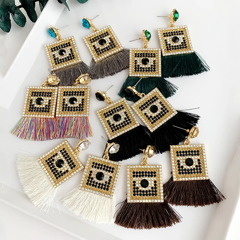 ZA Хрустальные черные серьги с кисточками большие винтажные длинные квадратные