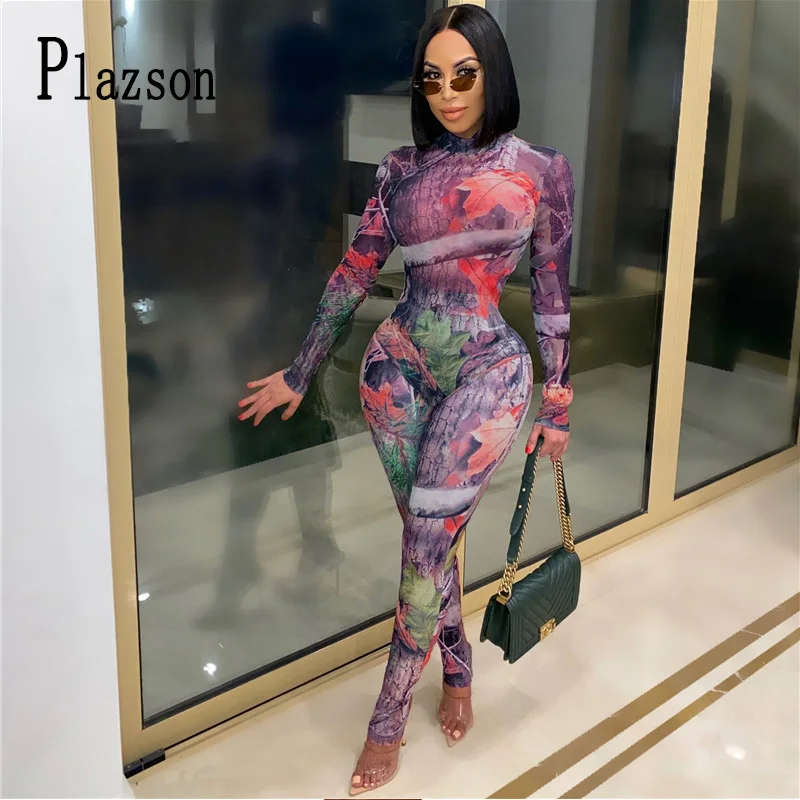 

Print Sexy Fitness Bodysuits with pants for Women Sheer Mesh Long Sleeve Jumpsuit Streetwear Skinny Overalls chandal mujer