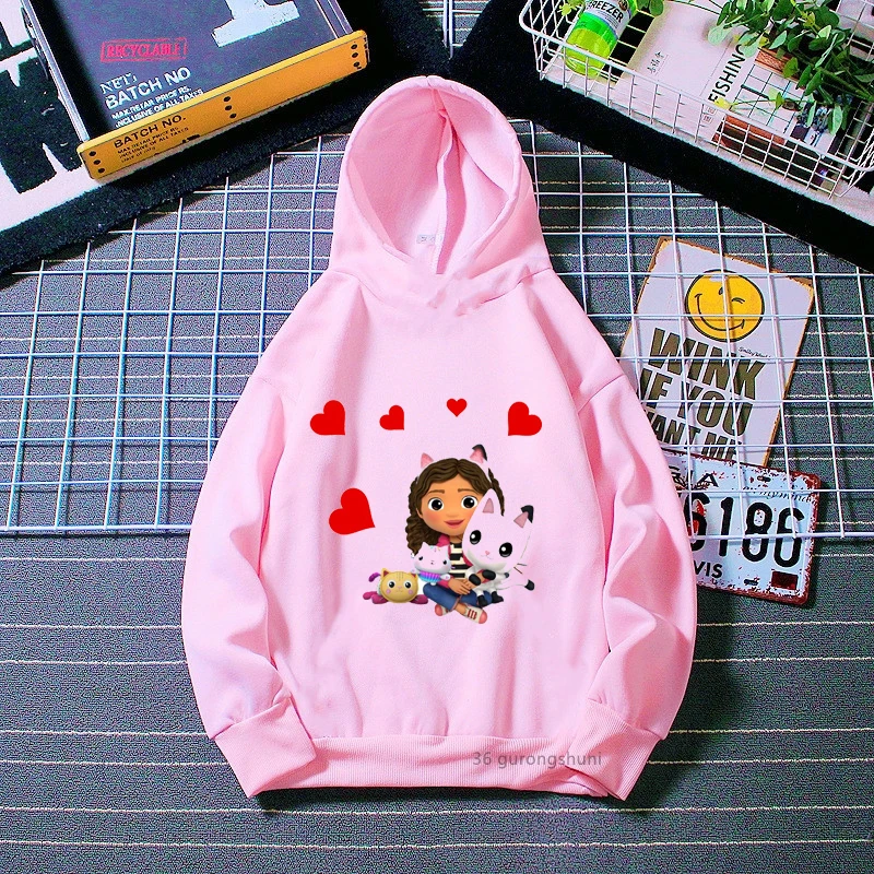cute girls hoodies cartoon gabbys doll house graphic print girls hoodies fashion cute kids white pink sweatshirt tops wholesale