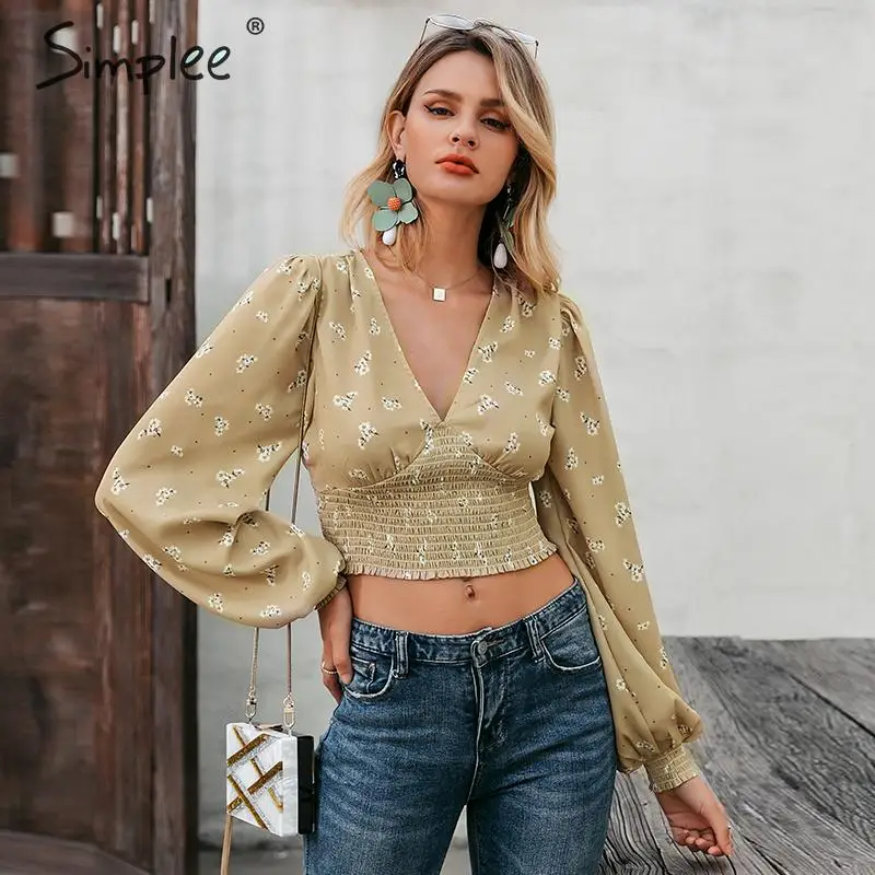 Женская винтажная блузка Simplee с длинным рукавом глубоким вырезом и цветочным