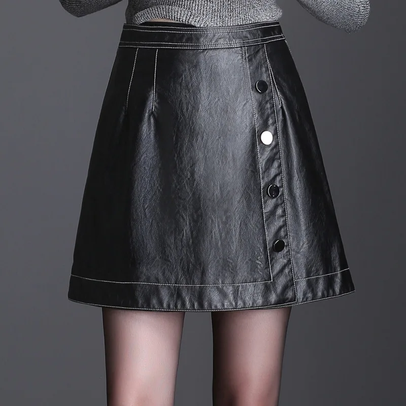 

Back Zipper Buttons Fashion Elegant Women PU Leather Skirt Casual High Waist Mini Skirt Ladies A-line Short Skirts Plus Size