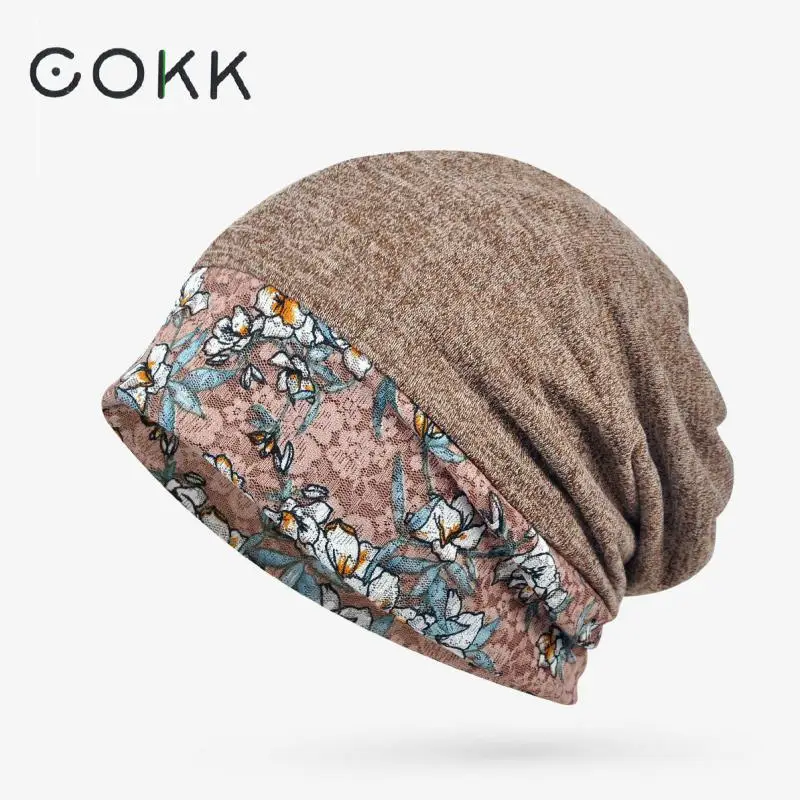 COKK тюрбан, Женская кружевная шапочка с цветком, шапки для женщин, женские хлопковые шапки, мягкие эластичные шапки, мешковатая шапка