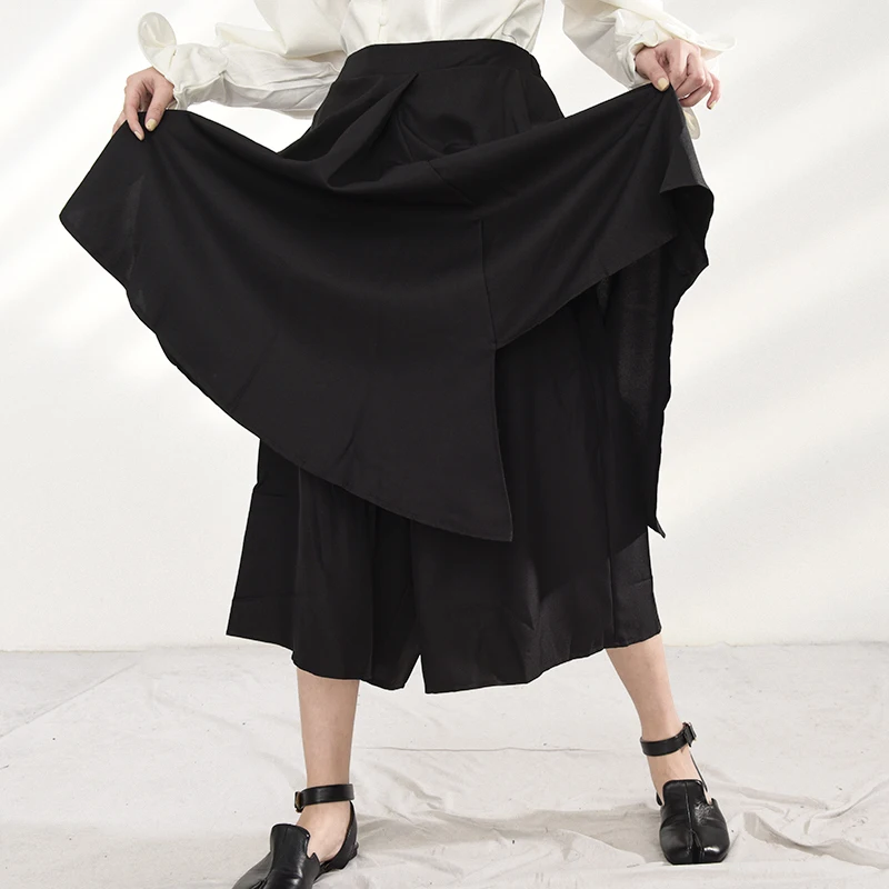 

[EAM] High Elastic Waist Black Irregular Layers Wide Leg Trousers New Loose Fit Pants Women Fashion Tide Spring Autumn 2021 A541