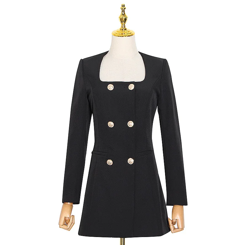 

Small crowd design new fashion French retro square collar double-breasted long sleeve suit dress women