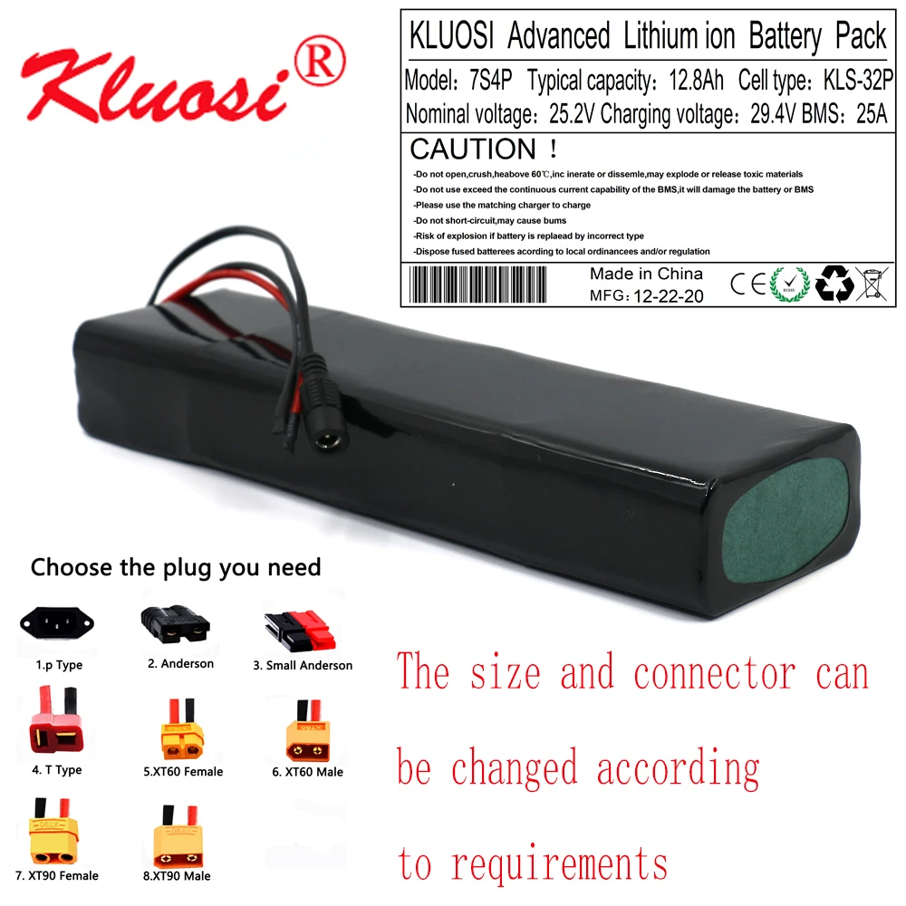 

KLUOSI 7S4P 29.4V12.8Ah for LG18650MH1 24V Battery Pack with 25A BMS Electric Moped Ebike Scooters Bicycle Power Wheelchair