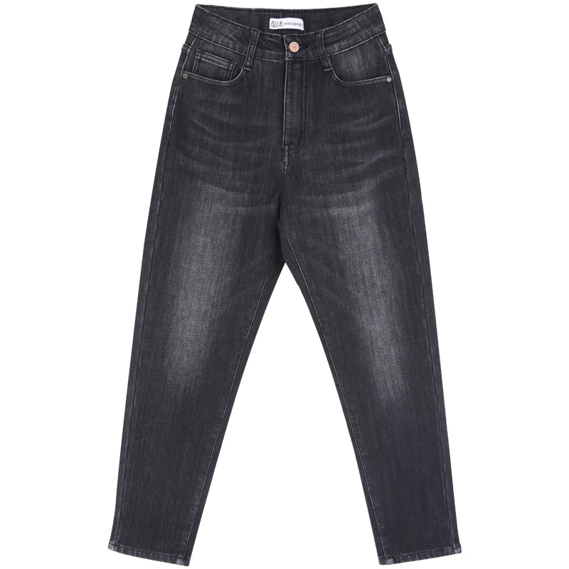 LEIJIJEANS 2019 winter large size women's low elastic high waist loose tapered trousers dark gray white and velvet warm jeans |