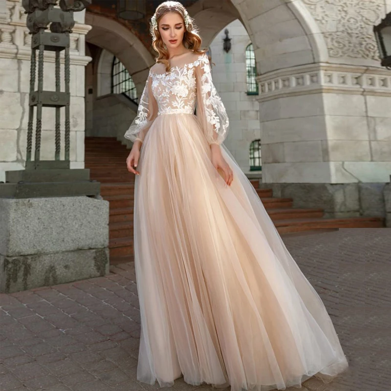 

Elegant Evening Dresses Long Sheer Lace Appliques Lantern Sleeves Wedding Dresses Tulle Ball Gowns Vestido De Novia Champagne