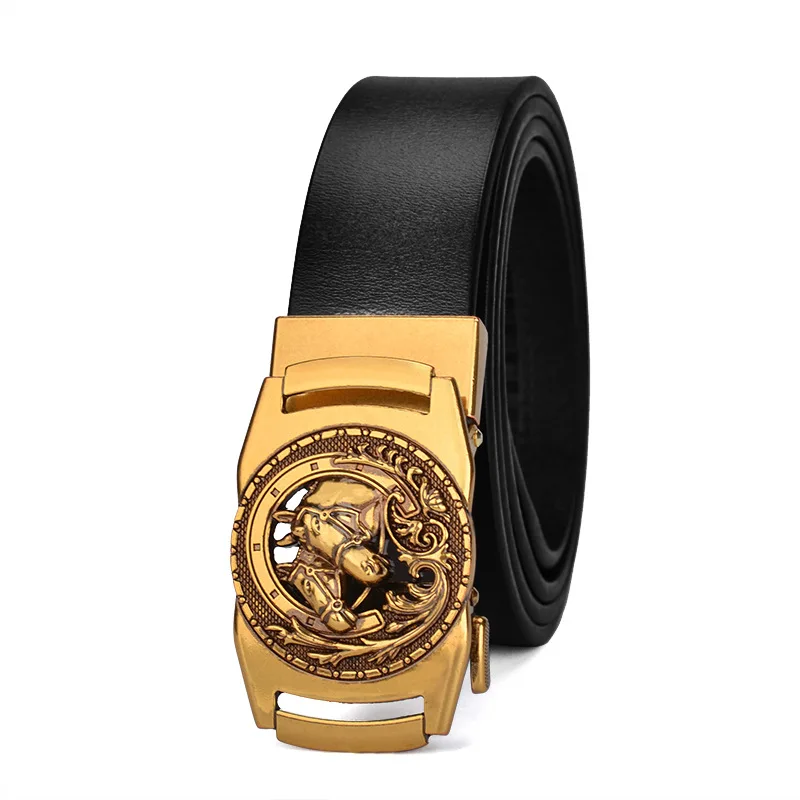 New Men Leather Automatic Buckle Belt Retro Wind Bronze Double Horse Head Men's | Belts