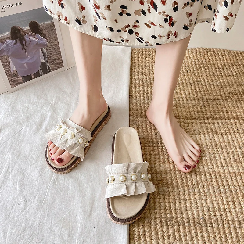 

String Bead Female Shoes Flock Womens Slippers Outdoor Med Slides Platform Fashion 2021 Flat Summer Luxury Rubber Bonded Leather