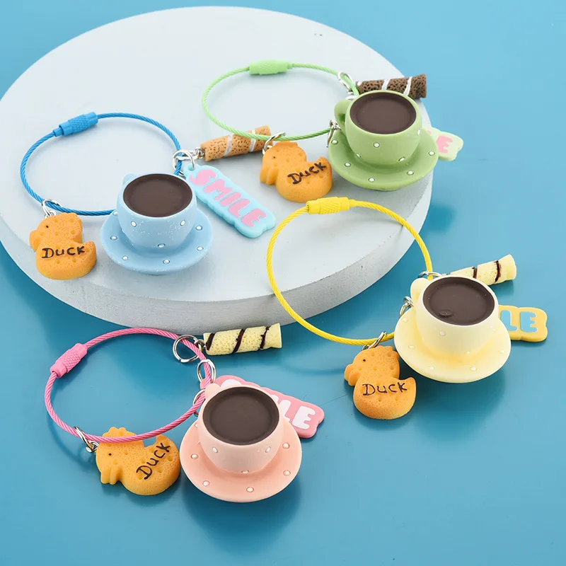 

New Fashion Steel Wire Coffee Cup Keychain Resin Cute Cup Charm Car Key Chains Creative Women Men Bag Keyring Accessories