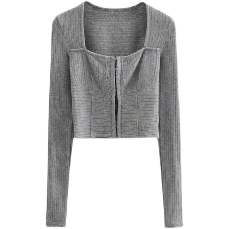 

WOMENGAGA Low Square Collar Zipper Knit Cardigan Cropped Short Bottoming Sweater For Women 2021 New Black Grey Tees E202