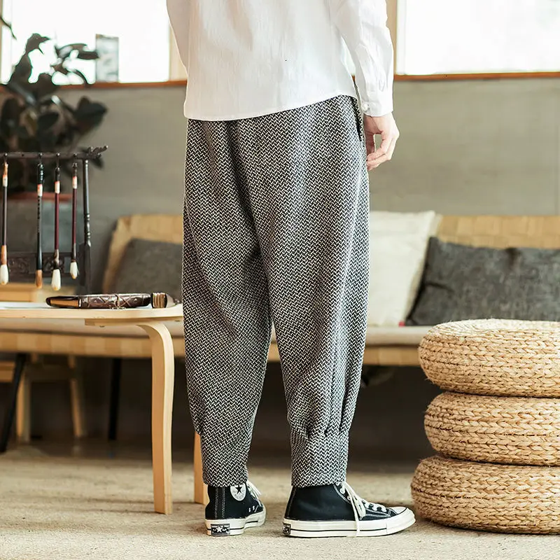 MrGoldenBowl Men's Solid Color Straight Harem Pants Chinese Style Man Loose Ankle-Length Trousers Streetwear Male Casual Pants