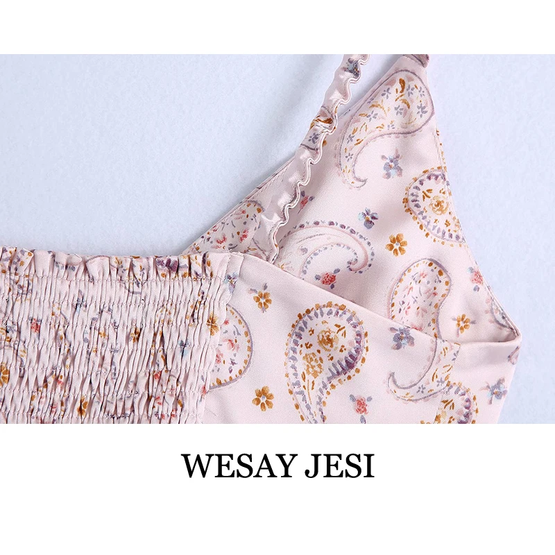 

WESAY JESI Vest Top Women Summer Pink Print Satin Sling Women Clothing Sleeveless Chic Fashion Short Suspender Tanks Female