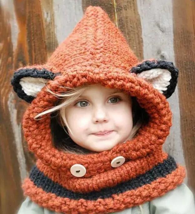 Manual Knitting Girls Keep Warm Coarse Wool Hat Cartoon Seven kinds Fox Weave Hat Kitty Squirrel Little Bear Rabbit Cloak Hat - Цвет: OrangeFoxTrumpet