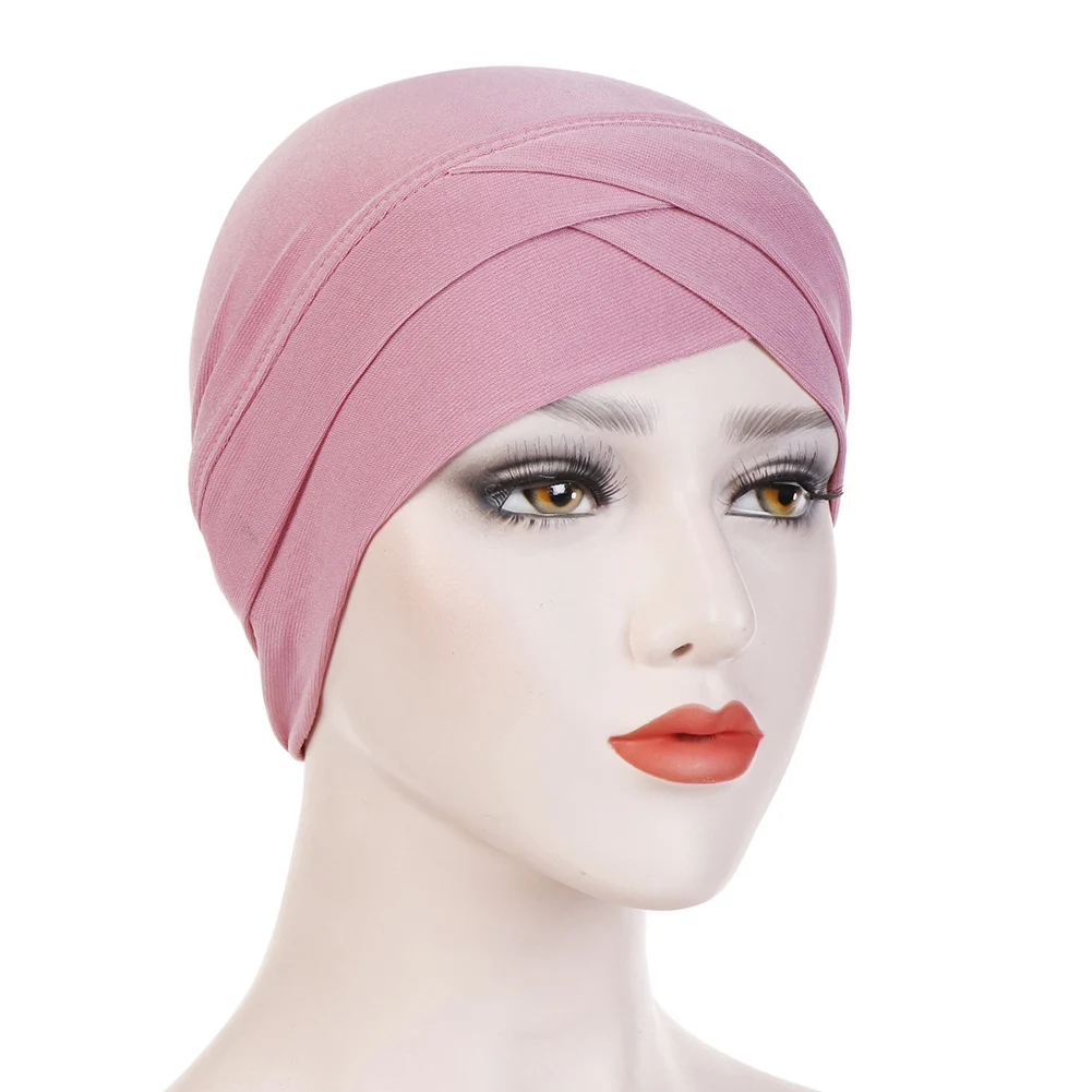 

Women Stretchy Hat Turban Cross Head Wrap Chemo Bandana Muslim Scarf Hijab Cap Winter Warm Solid Color Soft Chemo Bandana