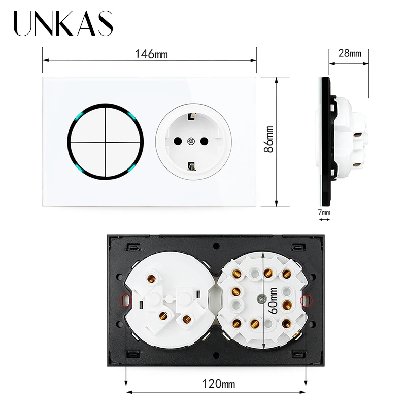 Настенная розетка UNKAS 4 комплекта 1- 2- со светодиодным индикатором 16 А |