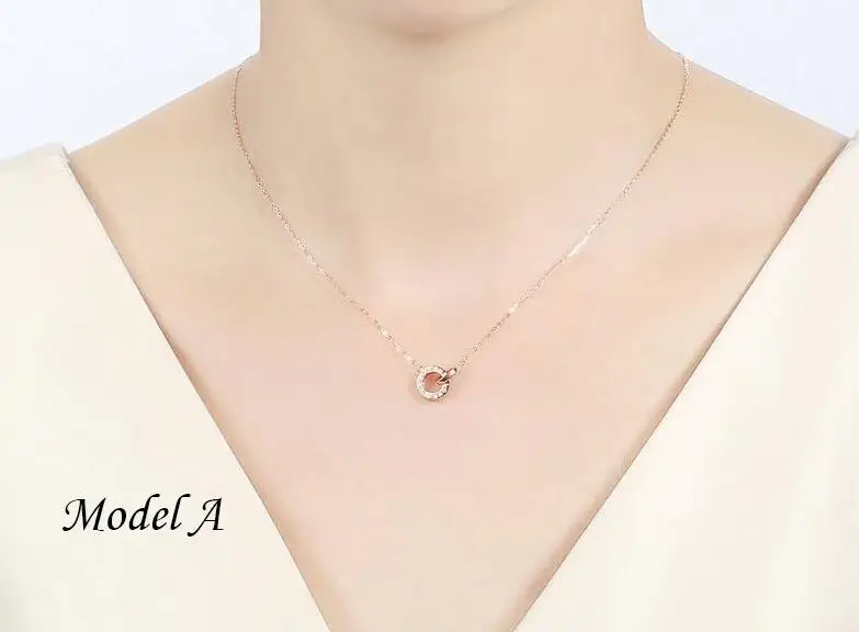 model A Классический 2 круг Clavicular 18 К чистый настоящий твердый Настоящее розовое золото очарование кулон ожерелье набор для женщин Девушка Необычные офисные ювелирные изделия - Цвет камня: model A