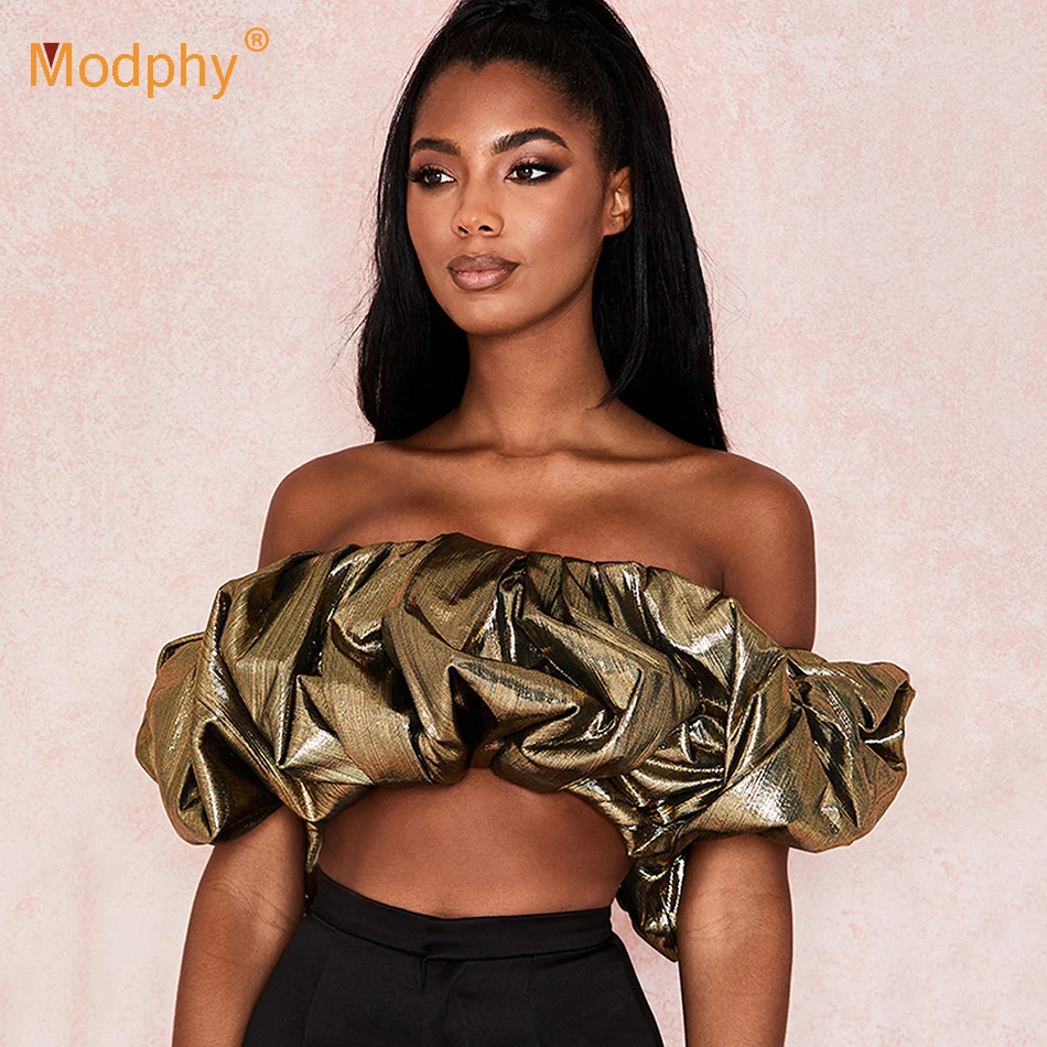 Модная женская рубашка с открытыми плечами золотистые Соблазнительные Короткие