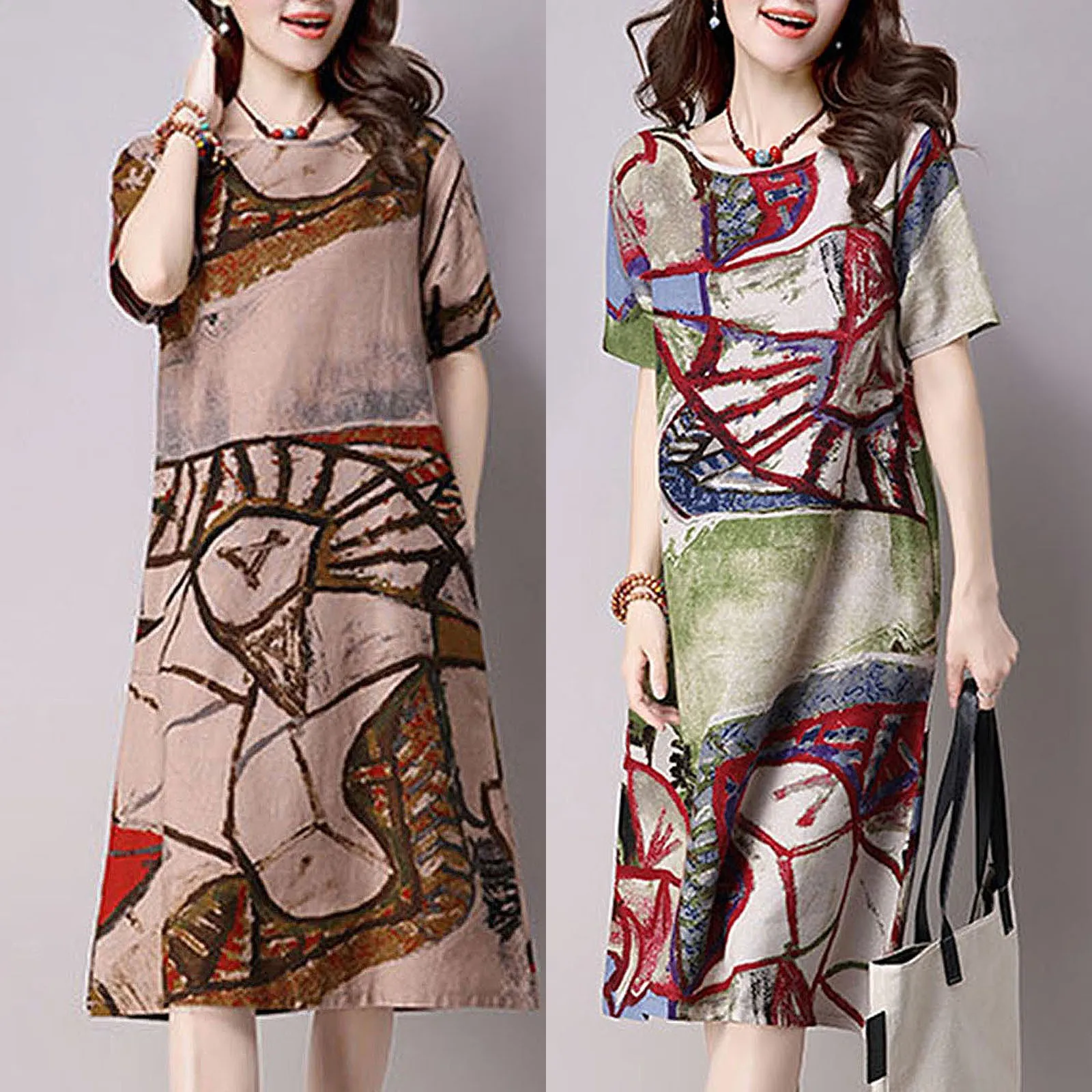 

Winter Dress Plus Size Vintage Women Dress Spring Autumn Floral Printed Pocket Streetwear Patchwork Short Sleeve Loose Dress