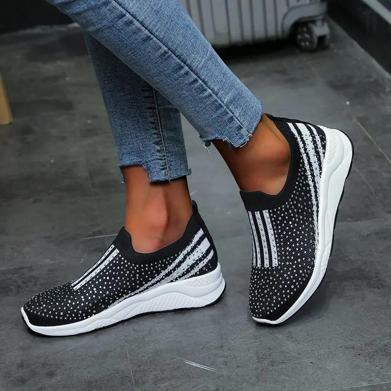 

Vulcanized Shoes Sneakers Women Trainers Knitted Sneakers Ladies Slip-on Sock Shoes Sparkly Crystal Zapatillas Mujer Casual