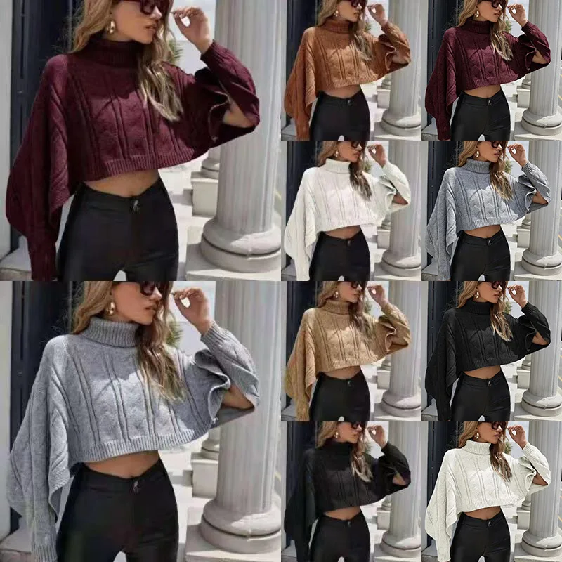 

2021 Autumn Women Knitted Sweater Cotton Fashion Turtleneck Pullovers Batwing Sleeve Crop Top Casual Sexy Women Sweater Top