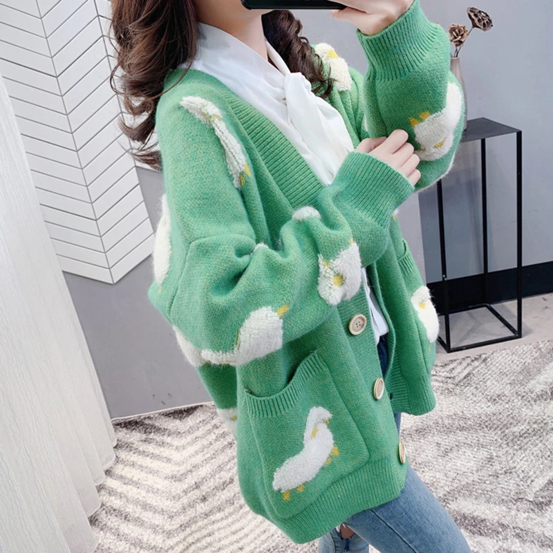 

Autumn Knitted Cardigan Coat Korean Version Cartoons Cute Sheep Deep V Neck Solid Patchwork Pocket Single Breasted Loose Sweater