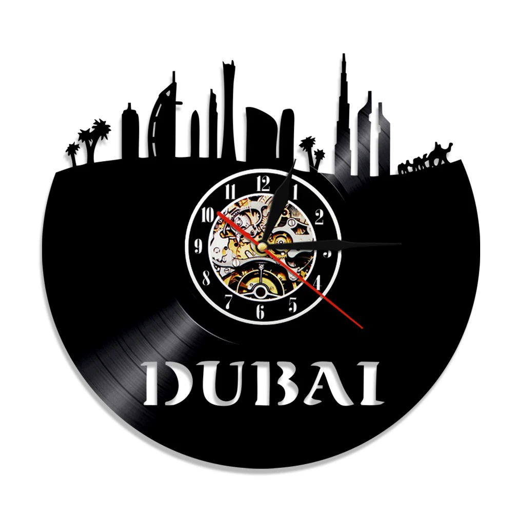 

UAE City Skyline Dubai Skyscrapers Vinyl Record Wall Clock United Arab Emirates Cityscape Album Music Record Clock Traveler Gift