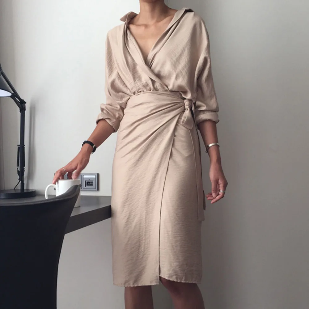 

2021 Spring New Products Pure Color Commuter Simple Style Bandage Dress Knee Length Straight Skirt Long Sleeve Fashion Dresses