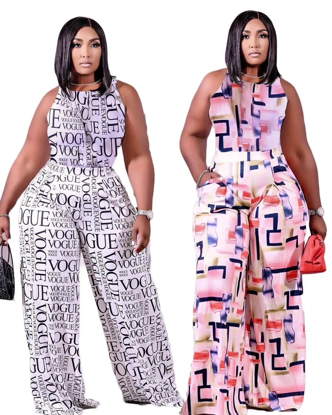 

RStylish 2021 Summer Casual Steet Wear Printed O-Neck Sleeveless Crop Top Loose Wide Leg Pants Two Piece Set